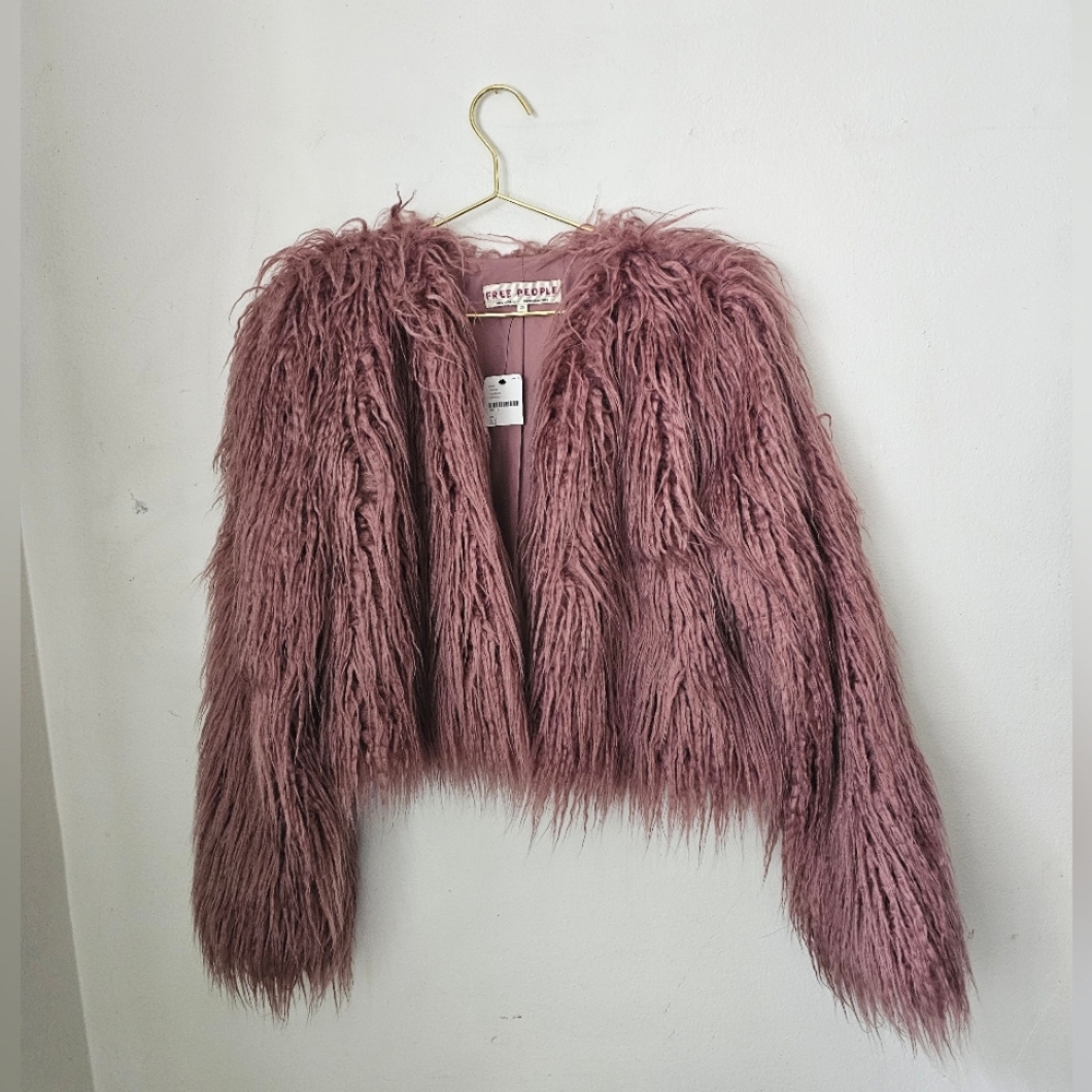 NWT FREE PEOPLE Faux Fur Long Sleeve Shaggy Cropped Jacket Festival Open XS